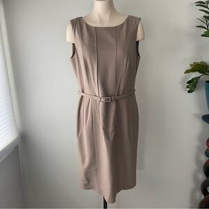 Lafayette 148 New York Luxury Belted Sleeveless Midi Sheath Dress Tan Size 10